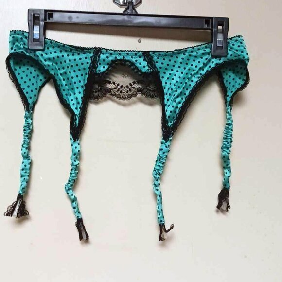 NEW Sybaris Green Black Polka Dot French Silk Garter Belt Late 90s Lingerie - Picture 1 of 3